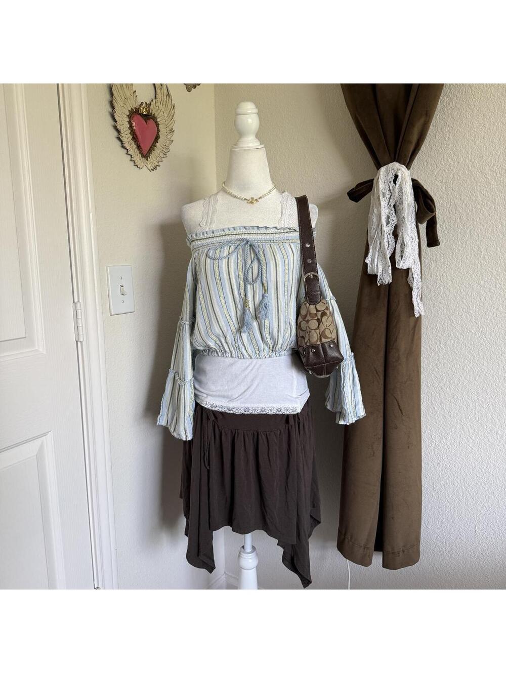 Wonderly Striped Off the Shoulder Bohemian Cinched Waist Blouse Hippie Festival